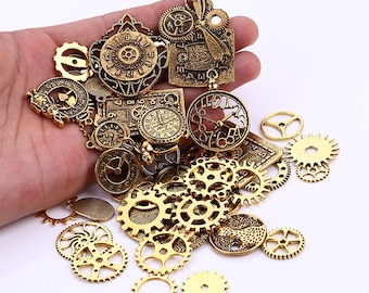70 Steampunk Gear Charms Spurs Cogs Assorted Lot BULK Bronze Silver Gold Copper