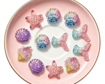 Iridescent Resin Mermaid Ocean Cabochons, Glitter Starfish Jellyfish Charms 5 types
