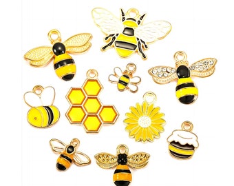 Enamel Bee Charms, Honeycomb Pendants, Hair Bow Decor (10pcs)