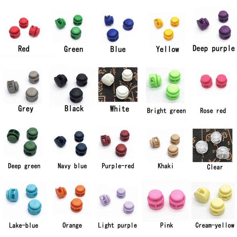 May include: Assortment of plastic slider buckles in various colors, including red, green, blue, yellow, deep purple, grey, black, white, bright green, rose red, deep green, navy blue, purple-red, khaki, clear, lake-blue, orange, light purple, pink, and cream-yellow.