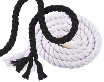 8MM-20MM White, Black Twisted Cotton Rope, Triple Strand Macrame Crafting Cord