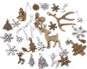 Wholesale Chritmas Charms, Bulk Christmas Pendant Set, Snowflake Silver Christmas Wintertime Deer 100pcs