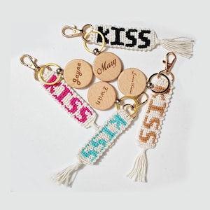 Custom Macrame keychain With Name And Number, Personalized Girl Gifts, Natural Cord Wooden Sign, Boho Key Chain