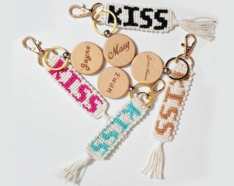Custom Macrame Keychain with Wooden Name Tag, Personalized Boho Gift