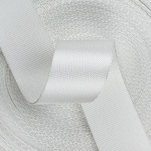 May include: A roll of white nylon webbing, a type of strong, durable fabric often used for straps, belts, and other applications.