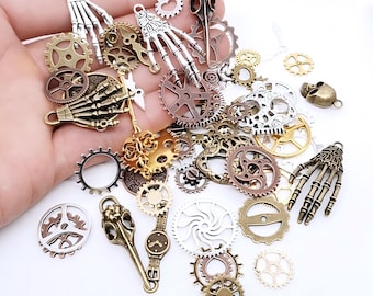 Steampunk Gear Charms, Bronze & Silver Gothic Pendants, 76pcs