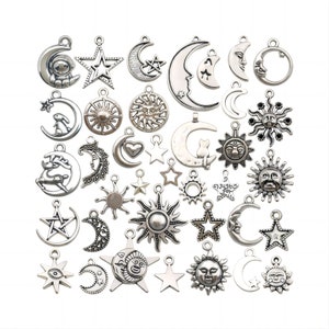 34pcs Celestial Charm Set Antique Tibetan Pendant, Mixed Silver Tone Sun Moon And Star Accessories For Jewelry Making