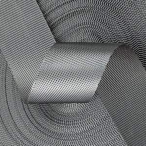 May include: Close-up of a gray woven webbing strap with a textured surface. The strap is folded and layered, creating a pattern of overlapping circles.