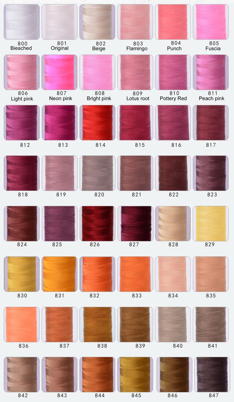 Pode incluir: Uma carta de cores de 47 carret&eacute;is de fio, dispostos em filas de sete. Os carret&eacute;is s&atilde;o numerados de 800 a 847. As cores variam do branco ao p&ecirc;ssego, rosa, vermelho, castanho, laranja e amarelo.