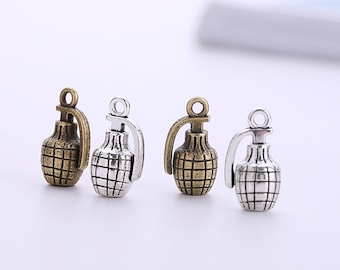 Antique Grenade Charms, Bronze & Silver Tone Pendant