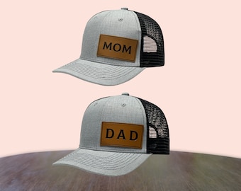 Classic Dad and Mom Baseball Caps,Man and Woman Hat, Announcement Hats, Dad Hat With Leather Patch