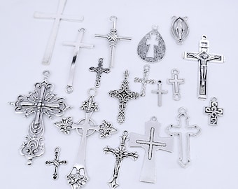 Vente en gros 18pcs Cross Charms, Tiny Antique Bulk Cross Charm Collections, Silver Cross Pendants