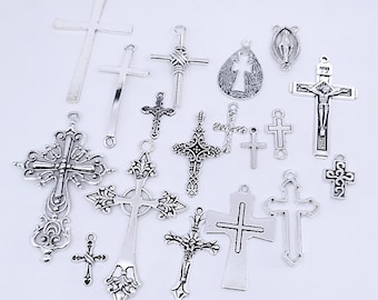 Wholesale 18pcs Cross Charms, Tiny Antique Bulk Cross Charm Collections, Silver Cross Pendants