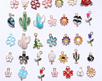 35 piezas de dijes de esmalte, colgantes de cactus y flores, kit para hacer joyas