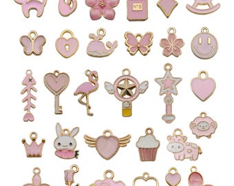 Lote de 30 dijes de esmalte rosa para bisutería (7-16 mm)