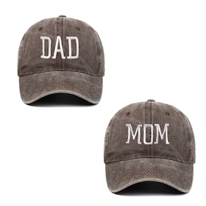 Classic Dad and Mom Baseball Caps, Embroidered Man and Woman Hat, Announcement Hats, 2pcs a set Coffee