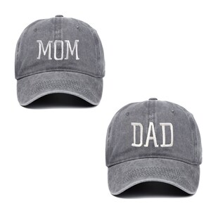Classic Dad and Mom Baseball Caps, Embroidered Man and Woman Hat, Announcement Hats, 2pcs a set Grey