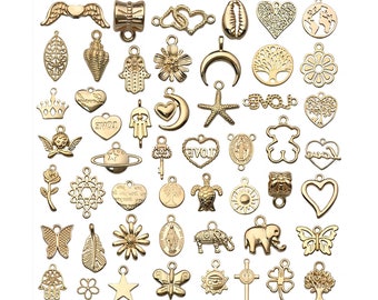 100pcs Gold Bulk Charms Lot, Mixed Random Pendants
