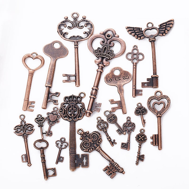 60-Piece Vintage Heart Key Charms - Bulk Jewelry Making Supplies Antique Style