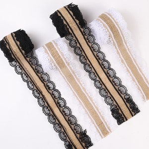1" Wreath Ribbon, Lace Natural Burlap Ribbon,  Rustic Jute Ribbon, Ribbon By The Roll,  Burlap Fabric White Lace Burlap Ribbon 2M