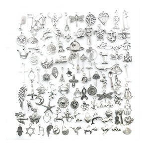 100pcs Silver Bulk Charms Lot For Necklace, Mixed Random Pendants, Trending Charms, Charm Assortment