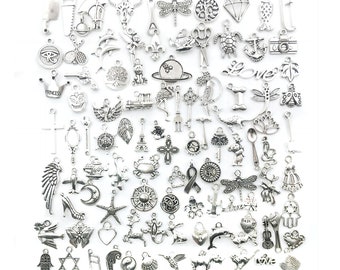 100pcs Silver Bulk Charms Lot For Necklace, Mixed Random Pendants, Trending Charms, Charm Assortment