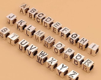 Antique Silver Alphabet Beads, Square Initial Charms (10pcs)