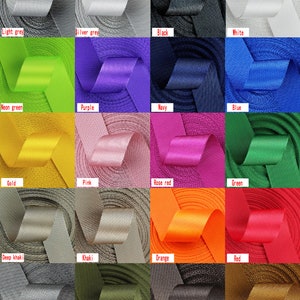 May include: A color chart of 16 different colors of webbing. The colors are: light grey, silver grey, black, white, neon green, purple, navy, blue, gold, pink, rose red, green, deep khaki, khaki, orange, red, deep grey, army green, coffee, and deep tan.