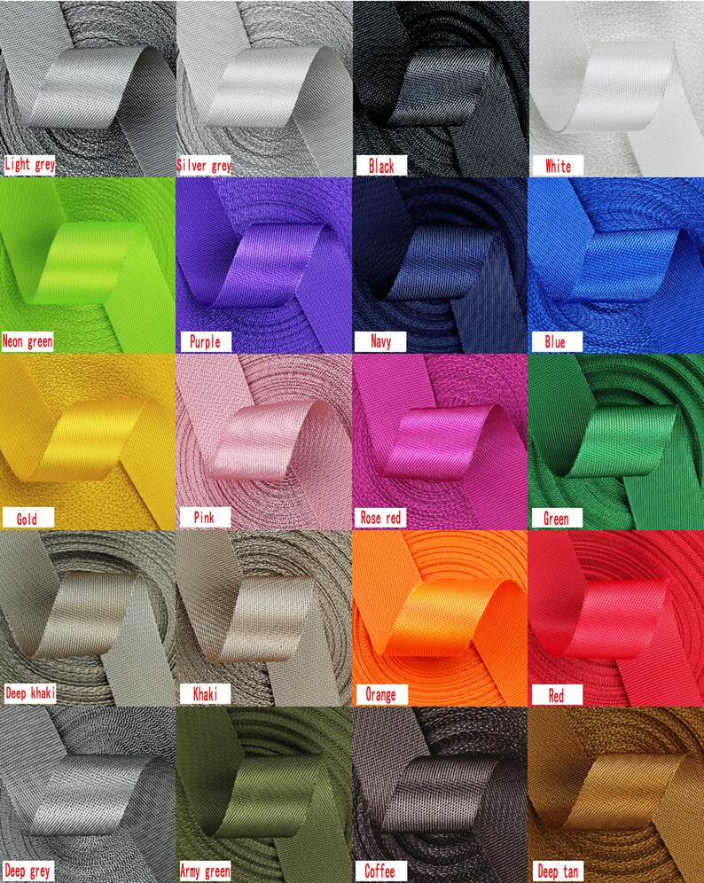 May include: A color chart of 16 different colors of webbing. The colors are: light grey, silver grey, black, white, neon green, purple, navy, blue, gold, pink, rose red, green, deep khaki, khaki, orange, red, deep grey, army green, coffee, and deep tan.