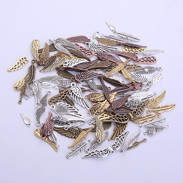 Wholesale wing charms bulk, Angel Wings Pendant, Connector In Antiqued Silver bronze and silver gold brass colour 100pcs