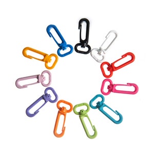 May include: Assortment of 12 plastic swivel hooks in various colors, including blue, red, orange, green, purple, pink, yellow, white, and black. The hooks are arranged in a circle.