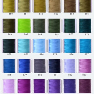 Pode incluir: Um gr&aacute;fico de 60 carret&eacute;is de linha, cada um com uma cor diferente. Os carret&eacute;is est&atilde;o dispostos em filas de seis, e cada carretel &eacute; etiquetado com um n&uacute;mero de 848 a 900.