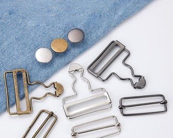 Stainless Steel Overall Suspender Buckle Set, Gourd Buckle with Slide Adjuster & T Buttons, Dungaree Replacement Hardware,  2pcs