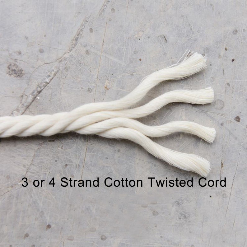 May include: Close-up of a white cotton twisted cord, showing the individual strands. The cord is labeled "3 or 4 Strand Cotton Twisted Cord".