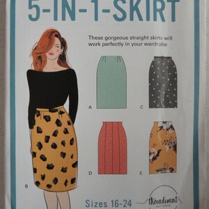 Puede incluir: Un patrón de costura titulado "5-IN-1-SKIRT" con ilustraciones de diferentes estilos de faldas. El patrón incluye un dibujo de una mujer con una falda con estampado de leopardo. El texto en el patrón dice "Sizes 16-24" y "threadcount PATTERNS".