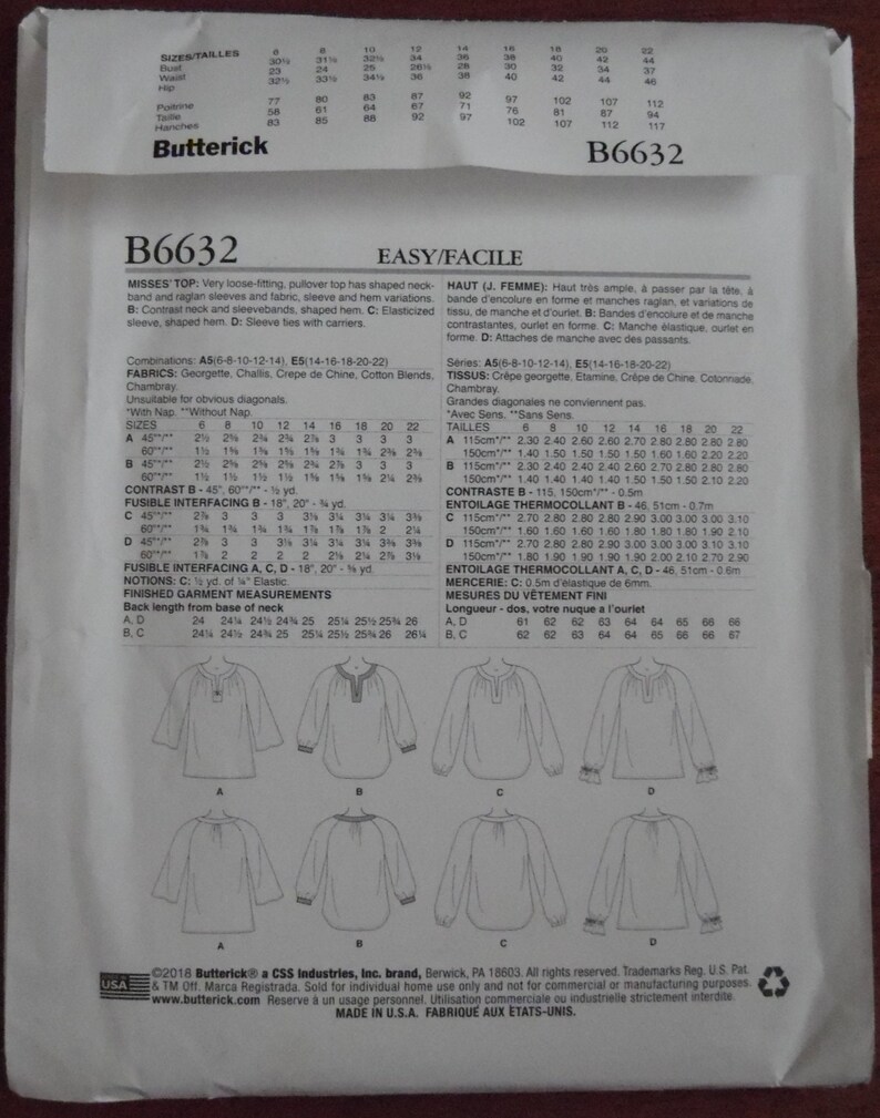 2018 Butterick B6632 Sewing Pattern Ladies Loose Fit Pullover Top Uncut ...