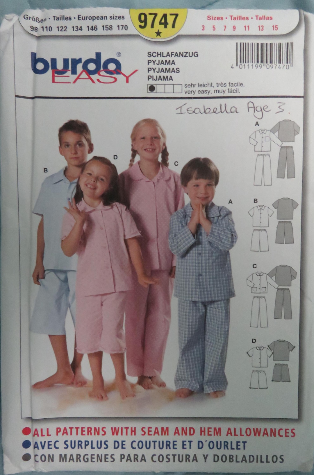 Burda 9747 Sewing Pattern Girls Boys Pyjamas Shorts Trousers Cut Age ...