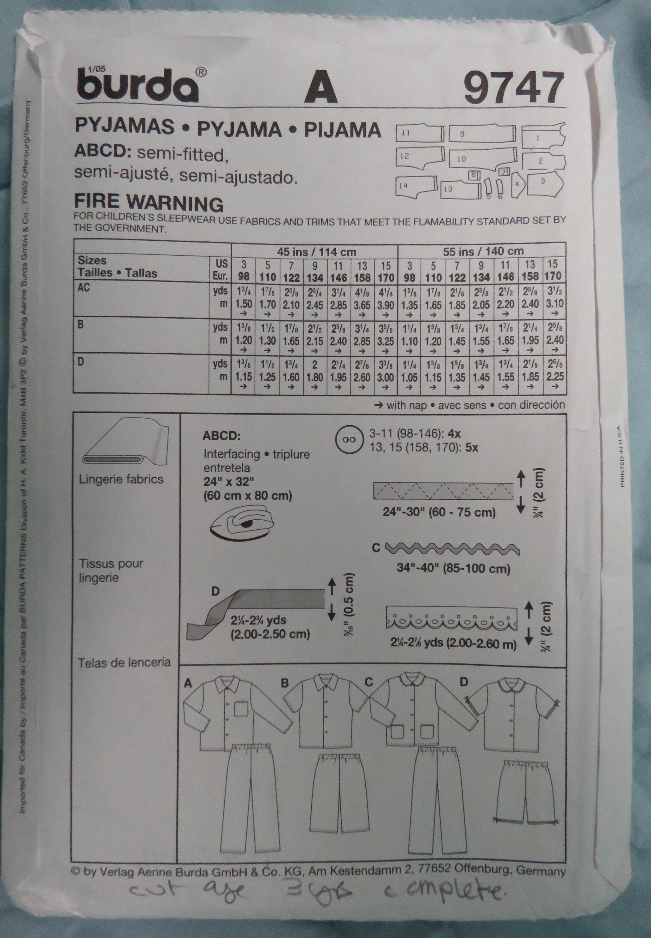 Burda 9747 Sewing Pattern Girls Boys Pyjamas Shorts Trousers Cut Age ...