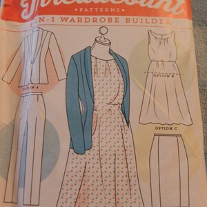 Puede incluir: Un paquete de patrones de costura titulado "Threadcount Patterns 5-in-1 Wardrobe Builder". El paquete presenta ilustraciones de una chaqueta, un vestido y opciones de falda. El vestido tiene un estampado de lunares y la chaqueta es azul claro.