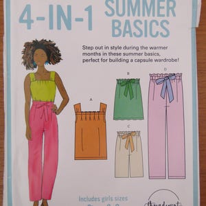 May include: A sewing pattern titled "4-IN-1 SUMMER BASICS" with illustrations of summer clothing. The pattern includes sizes for girls and S-XL. The image features a drawing of a person wearing a yellow top and pink pants.