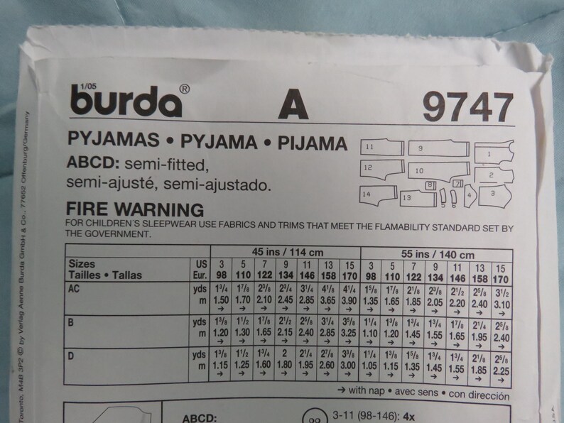 Burda 9747 Sewing Pattern Girls Boys Pyjamas Shorts Trousers Cut Age ...