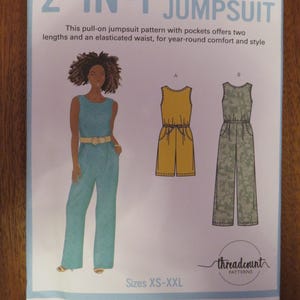 May include: A sewing pattern for a 2-in-1 pocket jumpsuit. The pattern includes two lengths and an elasticated waist. The image shows a drawing of a woman wearing a jumpsuit and two jumpsuit design options. Sizes XS-XXL.