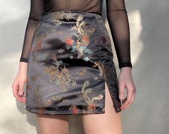 Handmade High Waisted Mini Skirt with Slit  - 'Satin Dragon Collection - The Mini Skirt'- Size 6, 8, 10, 12, 14
