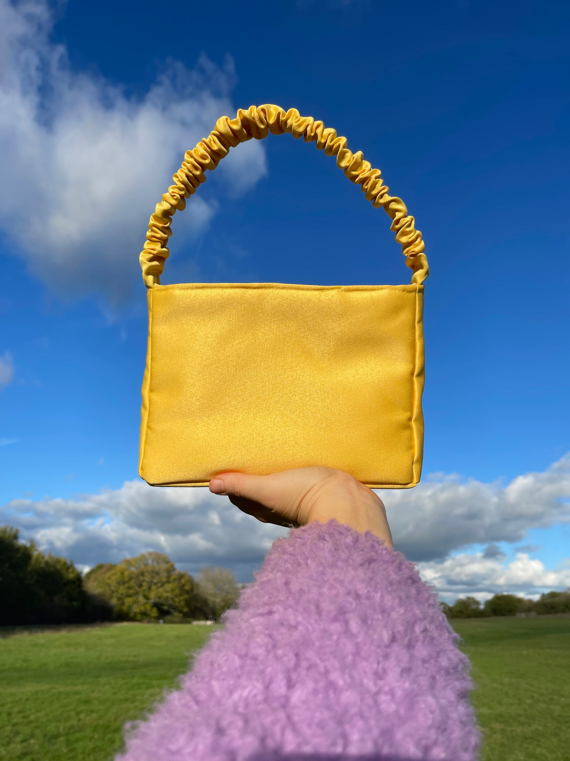 Handmade Mini Bag | Yellow | Satin | Quilted | Scrunchie