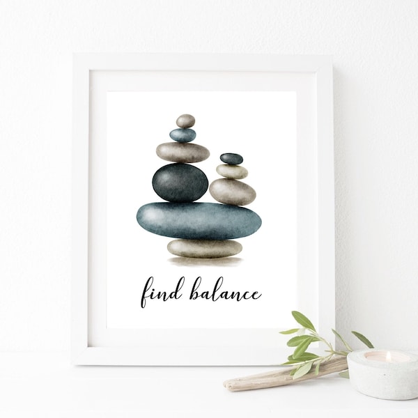 Find Balance Stacked Pebbles Zen Wall Art Print, Yoga room Decor or Meditation Room Decor, Watercolor Zen Stones Mindfulness Gift Art Print