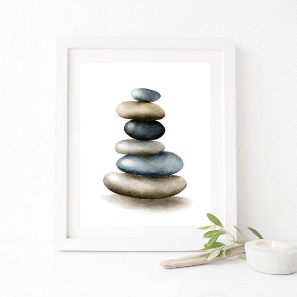 Stacked Stones Zen Wall Art Print, Yoga room Decor or Meditation Room Decor, Aquarelle Zen Stones Mindfulness Gift Art Print