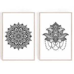 Set of 2 Prints of Black And White Lotus Flower & Mandala Wall Art Print, Spiritual Zen Art Great for Bohemian Decor or Minimalist Decor