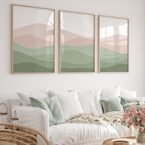 Set of 3 Abstract Landscape Green Blush Wall Art Print, Boho Decor Abstract Mountains Mid Century Modern Wall Art Prints, Green Pink Decor