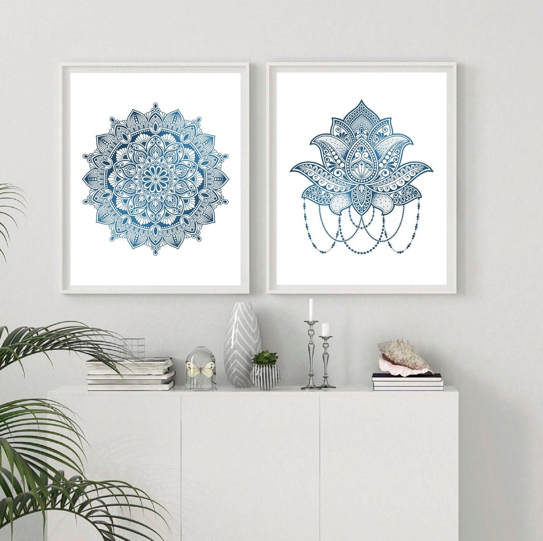 Set of 2 Prints of Blue Lotus Flower & Mandala Wall Art Print ...