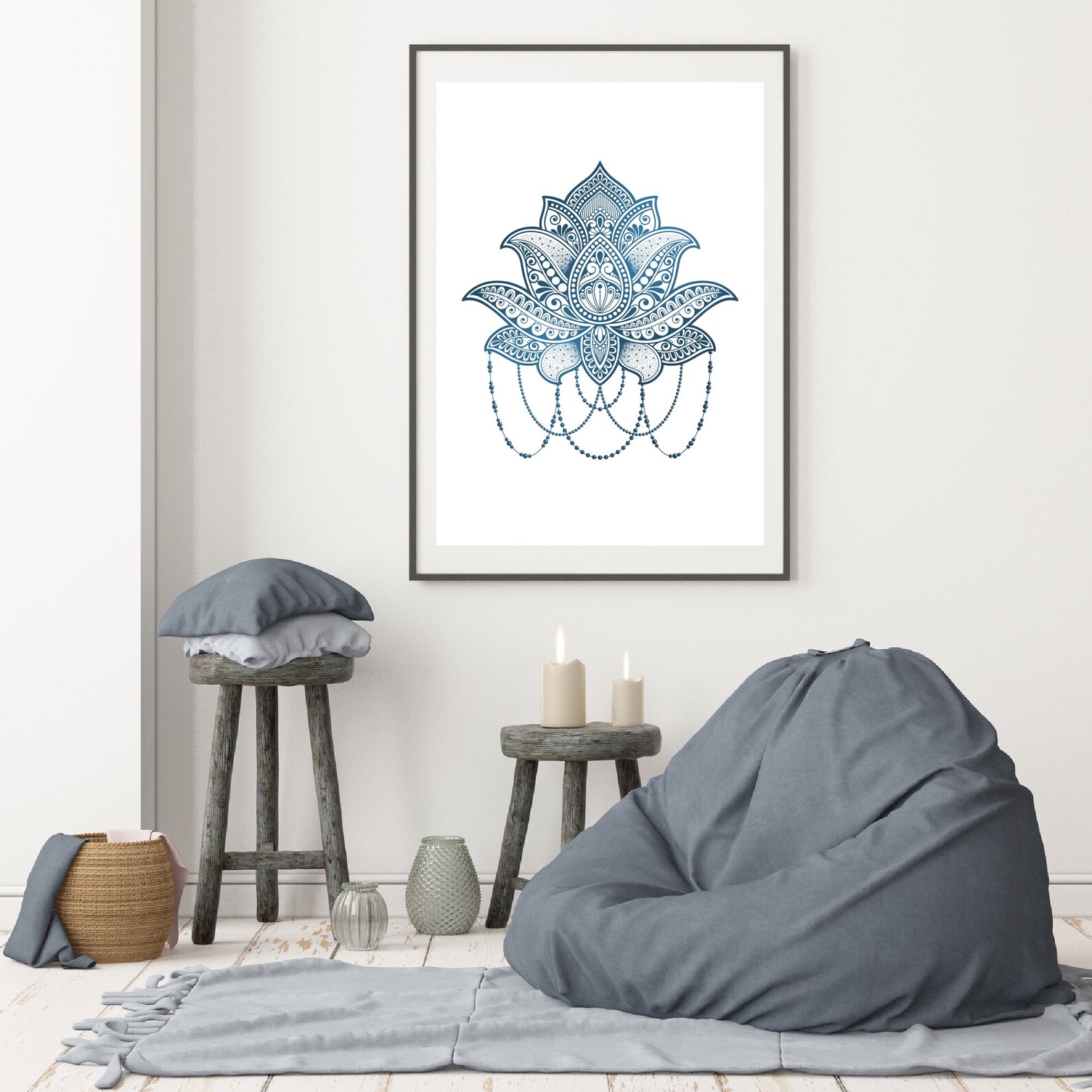 Set of 2 Prints of Blue Lotus Flower & Mandala Wall Art Print ...